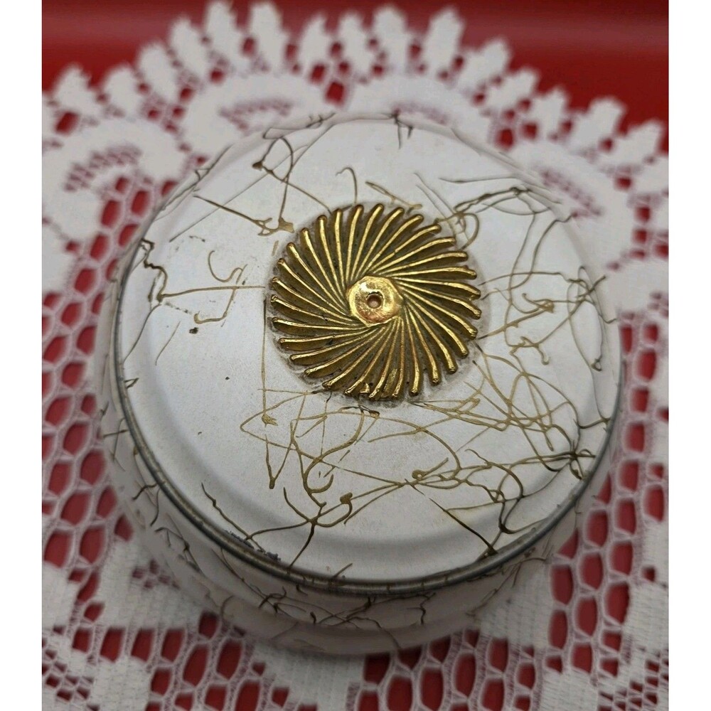 Vtg Aluminum Round Vanity Powder Music Box Gold Spiral On Top - Works MCM
